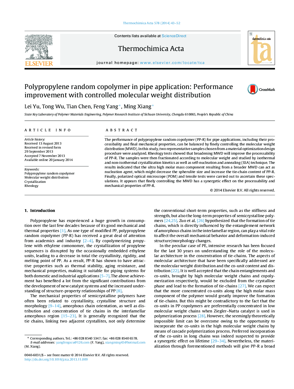 Polypropylene random copolymer in pipe application: Performance improvement with controlled molecular weight distribution