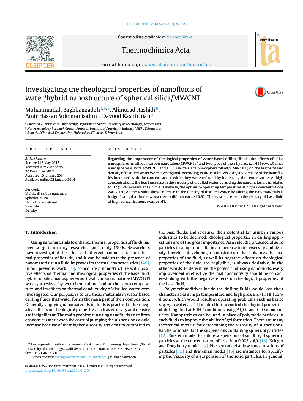 Investigating the rheological properties of nanofluids of water/hybrid nanostructure of spherical silica/MWCNT