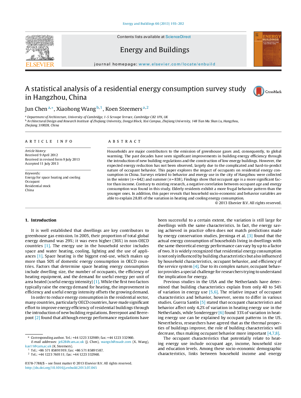 A statistical analysis of a residential energy consumption survey study in Hangzhou, China