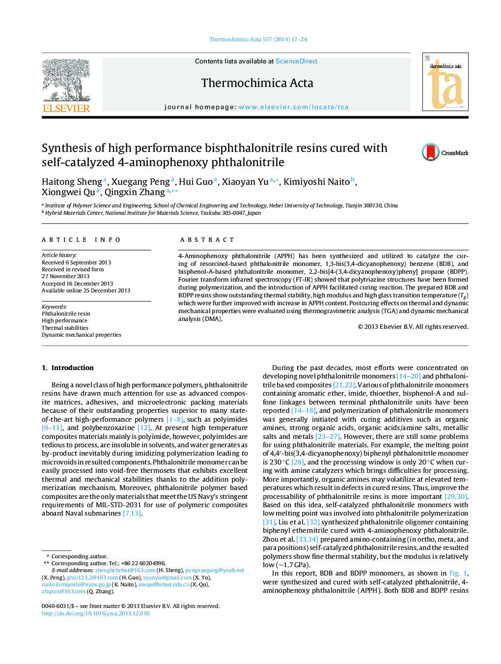 Synthesis of high performance bisphthalonitrile resins cured with self-catalyzed 4-aminophenoxy phthalonitrile