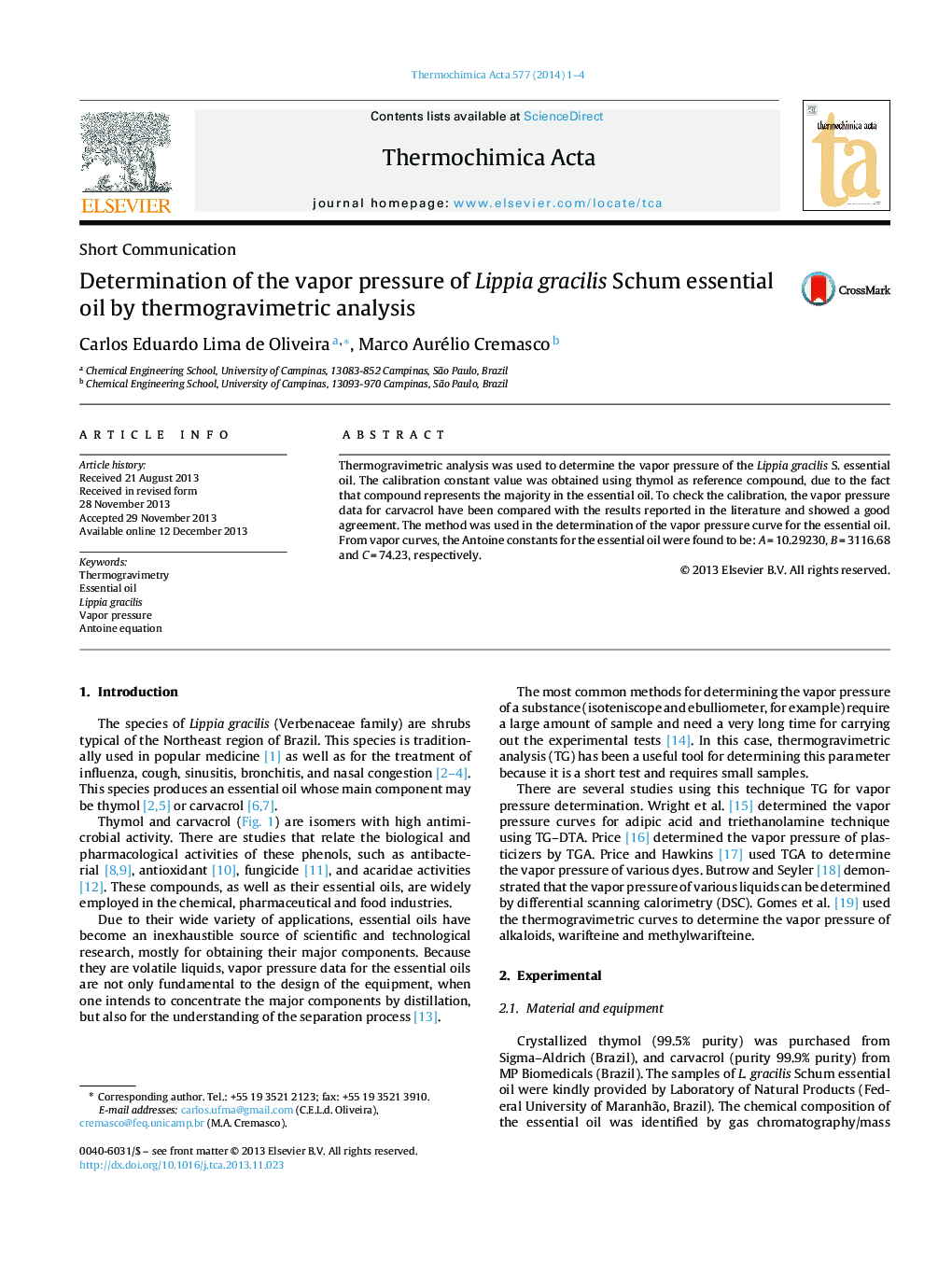 Determination of the vapor pressure of Lippia gracilis Schum essential oil by thermogravimetric analysis