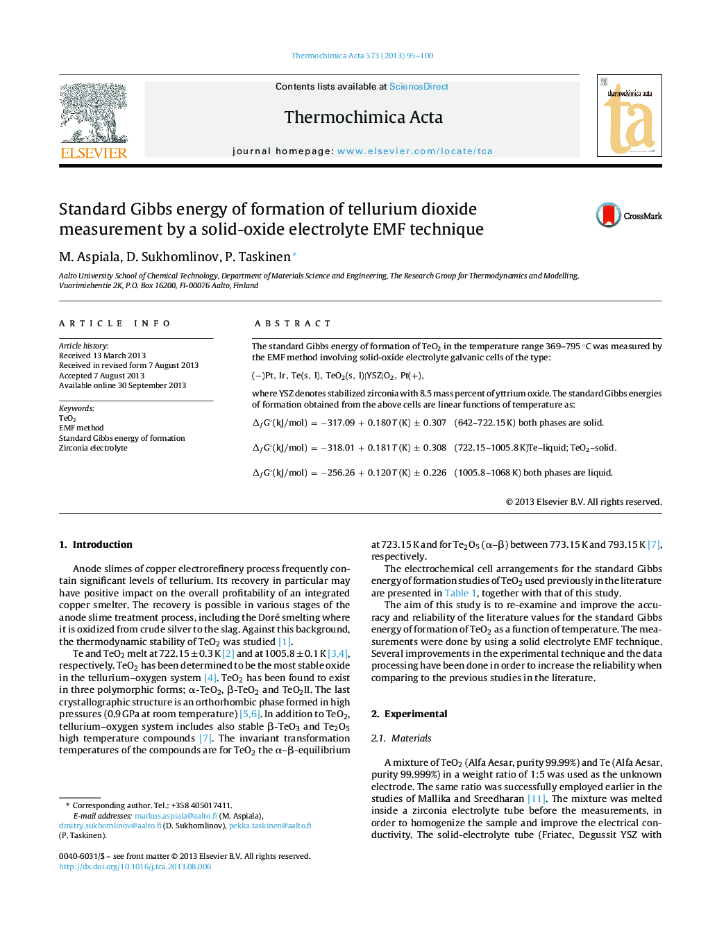 Standard Gibbs energy of formation of tellurium dioxide measurement by a solid-oxide electrolyte EMF technique