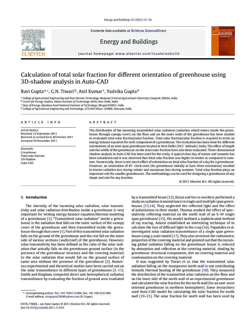 Calculation of total solar fraction for different orientation of greenhouse using 3D-shadow analysis in Auto-CAD