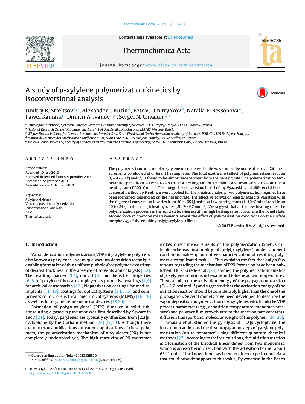 A study of p-xylylene polymerization kinetics by isoconversional analysis
