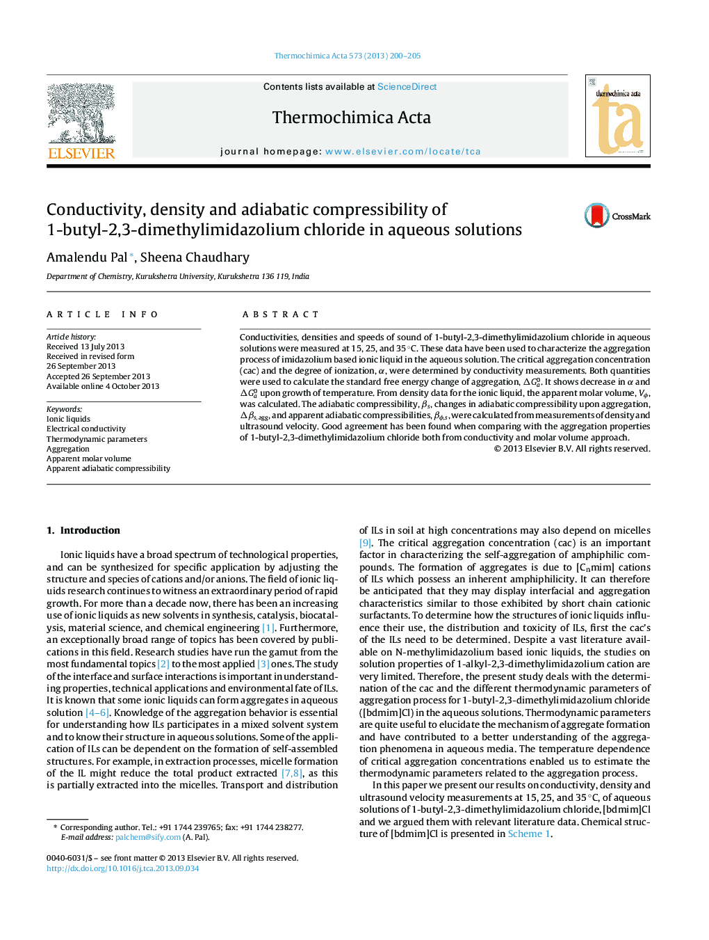 Conductivity, density and adiabatic compressibility of 1-butyl-2,3-dimethylimidazolium chloride in aqueous solutions