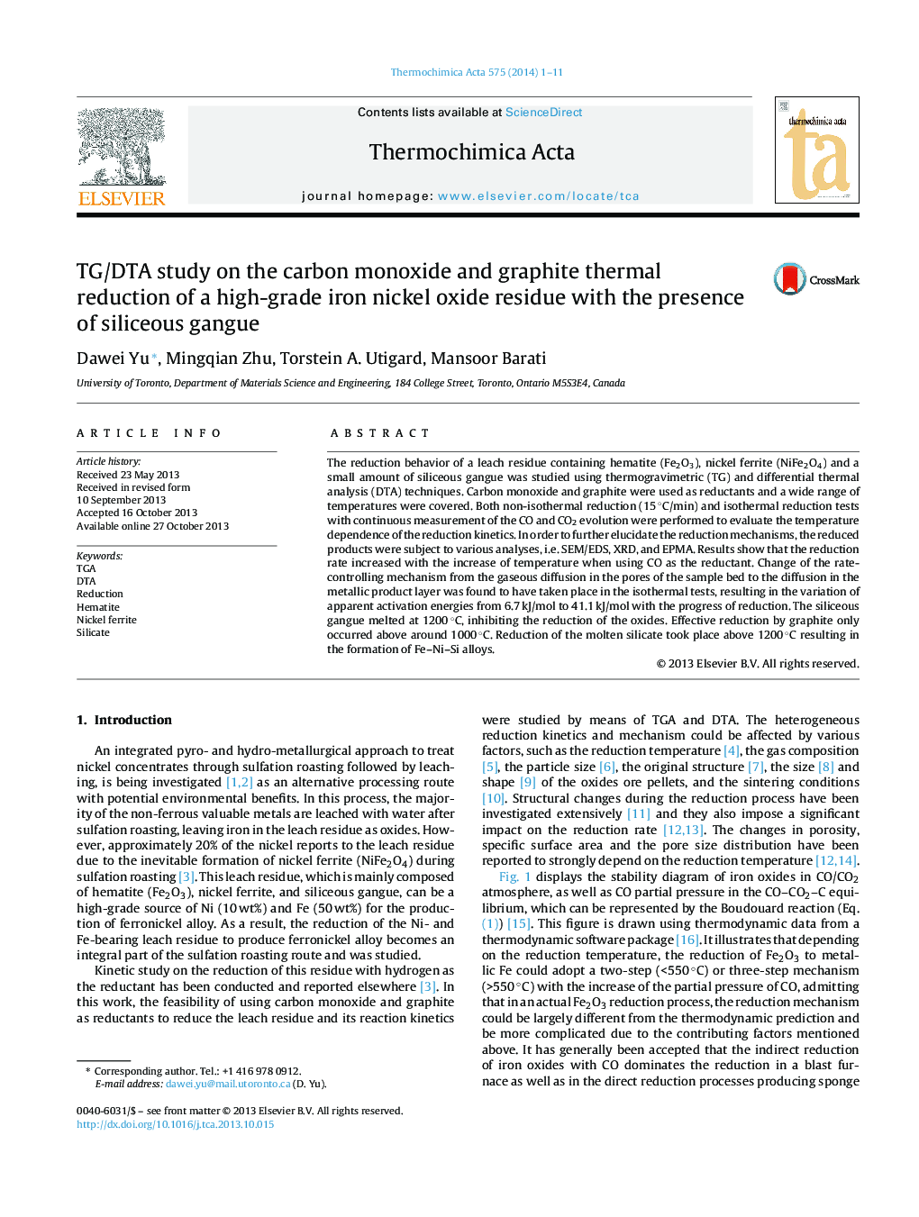 TG/DTA study on the carbon monoxide and graphite thermal reduction of a high-grade iron nickel oxide residue with the presence of siliceous gangue