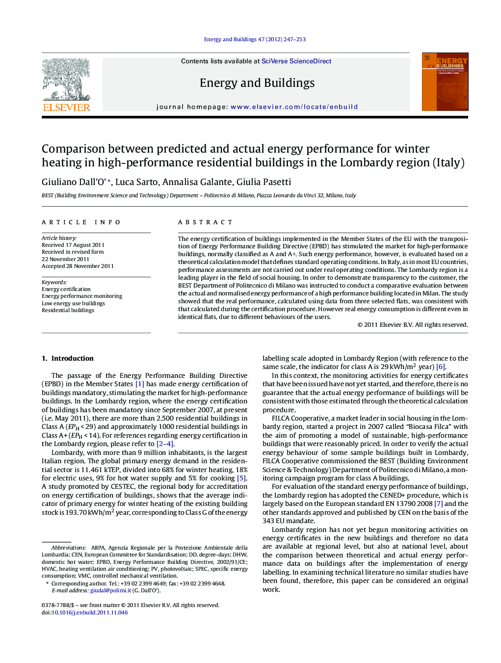 Comparison between predicted and actual energy performance for winter heating in high-performance residential buildings in the Lombardy region (Italy)