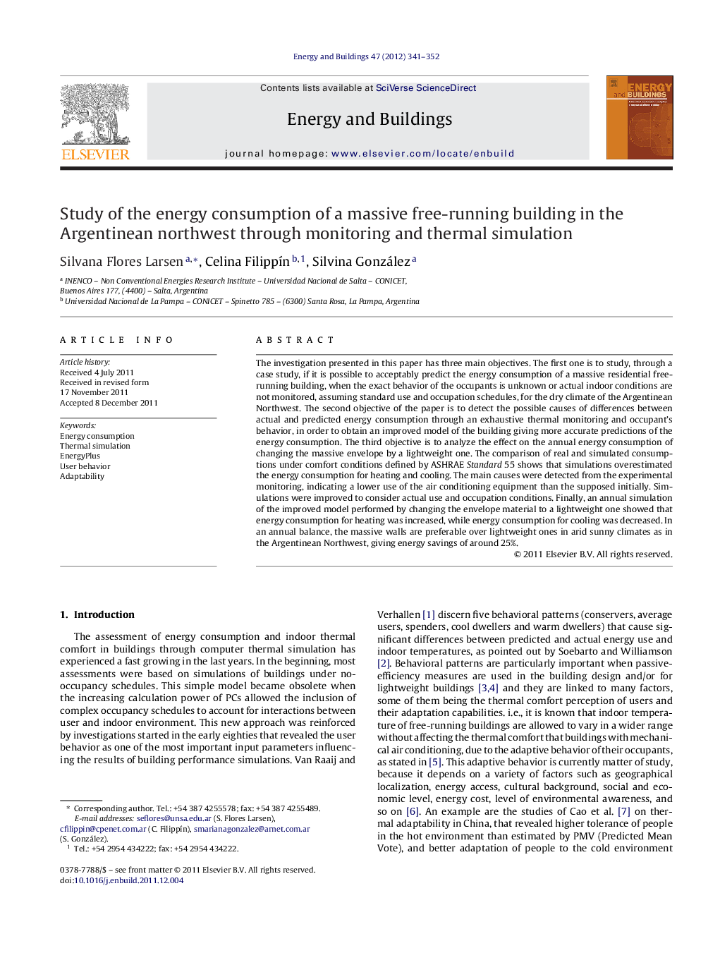 Study of the energy consumption of a massive free-running building in the Argentinean northwest through monitoring and thermal simulation