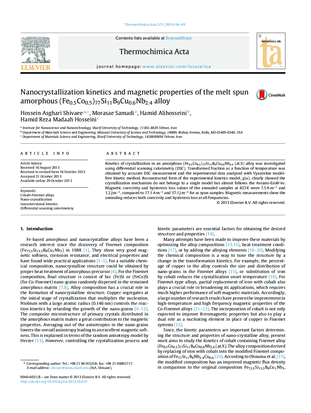 Nanocrystallization kinetics and magnetic properties of the melt spun amorphous (Fe0.5Co0.5)77Si11B9Cu0.6Nb2.4 alloy