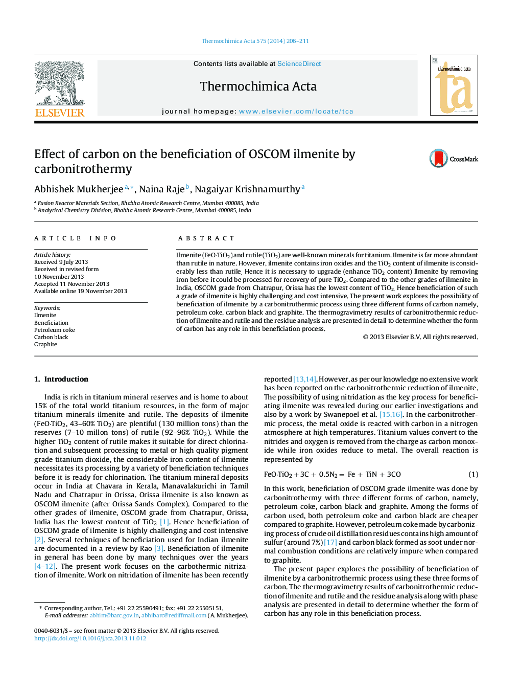 Effect of carbon on the beneficiation of OSCOM ilmenite by carbonitrothermy