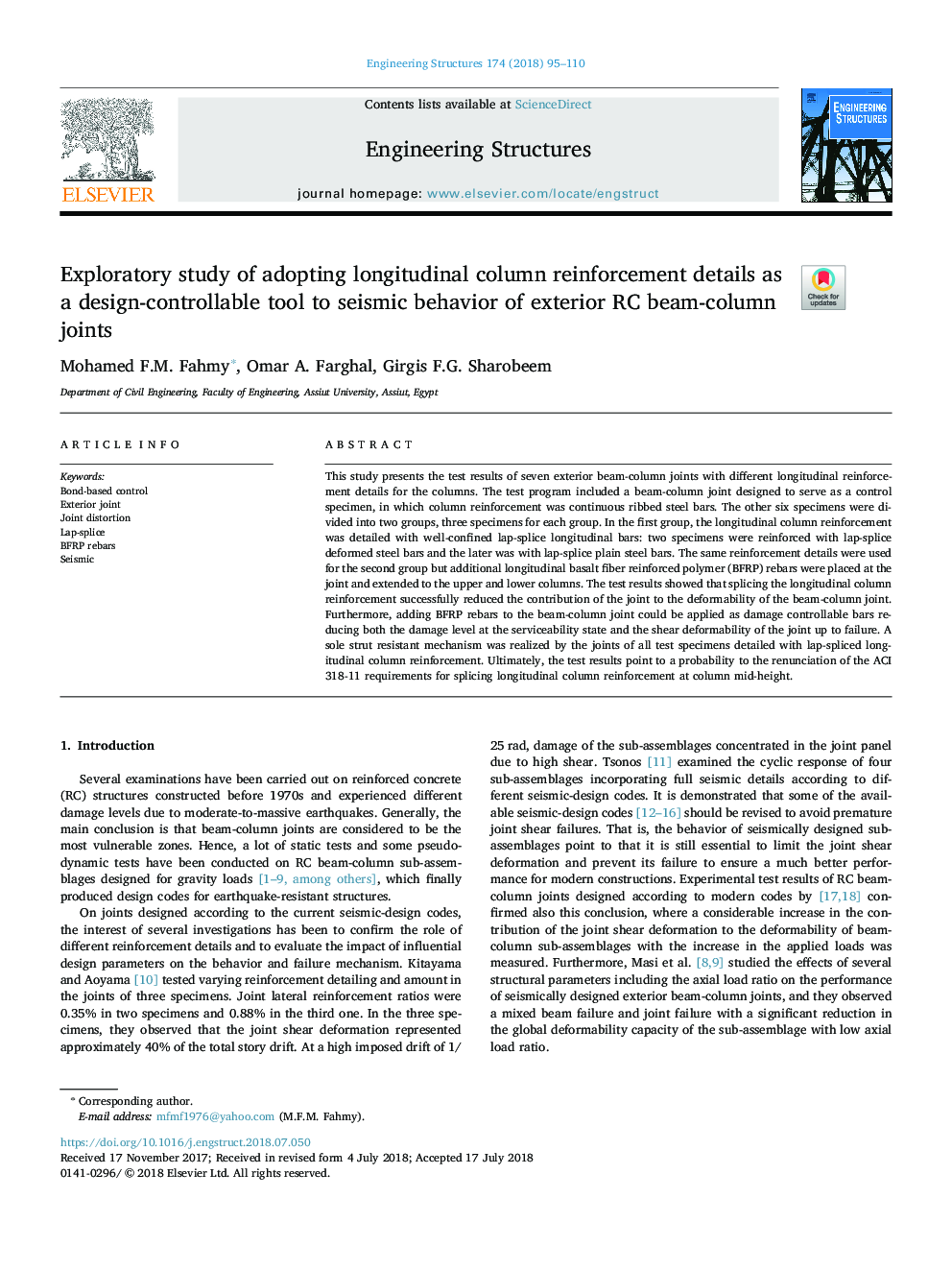 Exploratory study of adopting longitudinal column reinforcement details as a design-controllable tool to seismic behavior of exterior RC beam-column joints