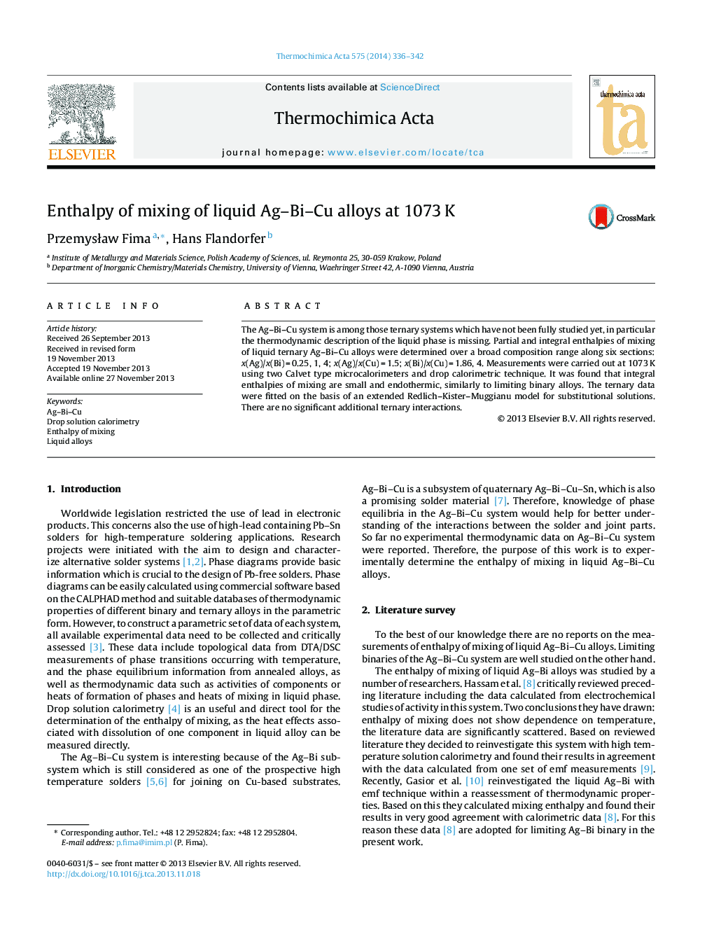 Enthalpy of mixing of liquid Ag–Bi–Cu alloys at 1073 K