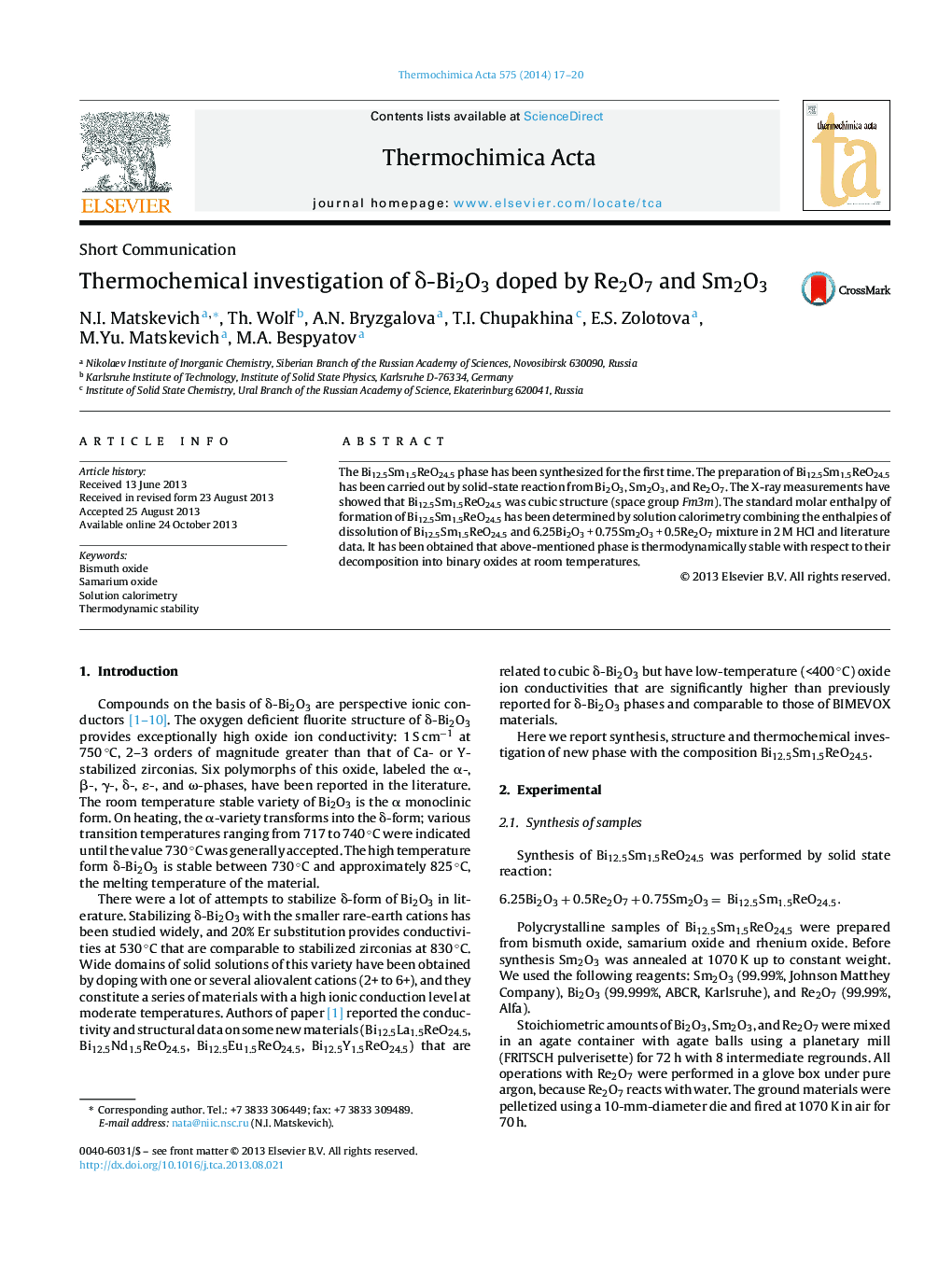 عکس صفحه اول مقاله: Thermochemical investigation of δ-Bi2O3 doped by Re2O7 and Sm2O3 Thermochemical investigation of δ-Bi2O3 doped by Re2O7 and Sm2O3