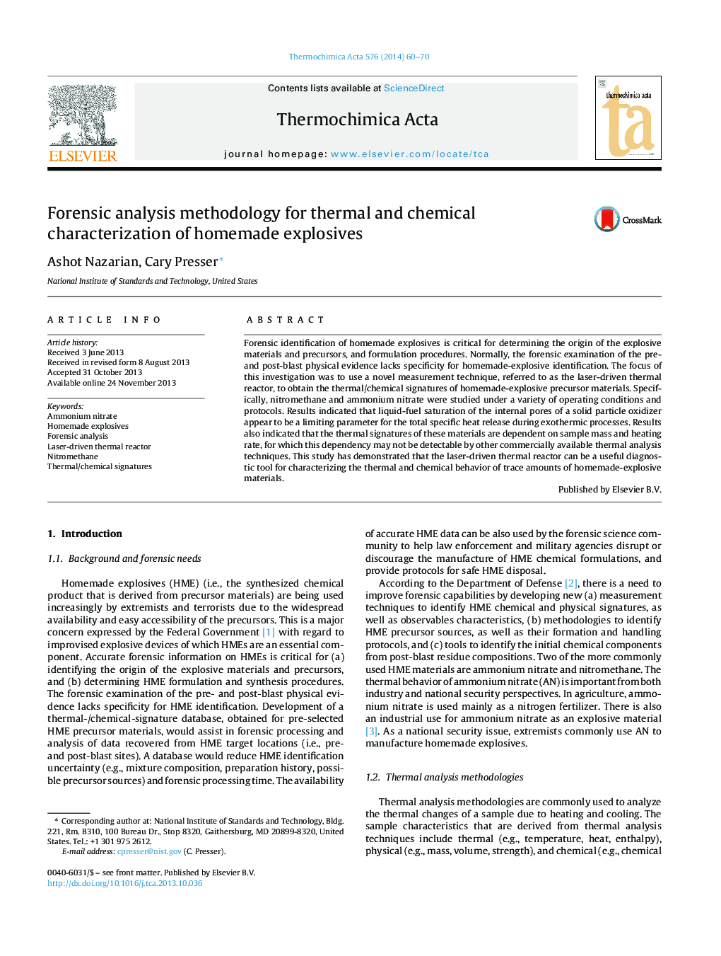 Forensic analysis methodology for thermal and chemical characterization of homemade explosives