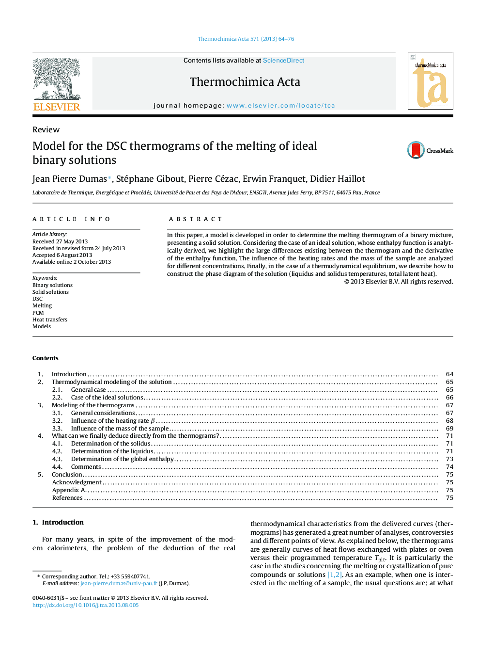 Model for the DSC thermograms of the melting of ideal binary solutions