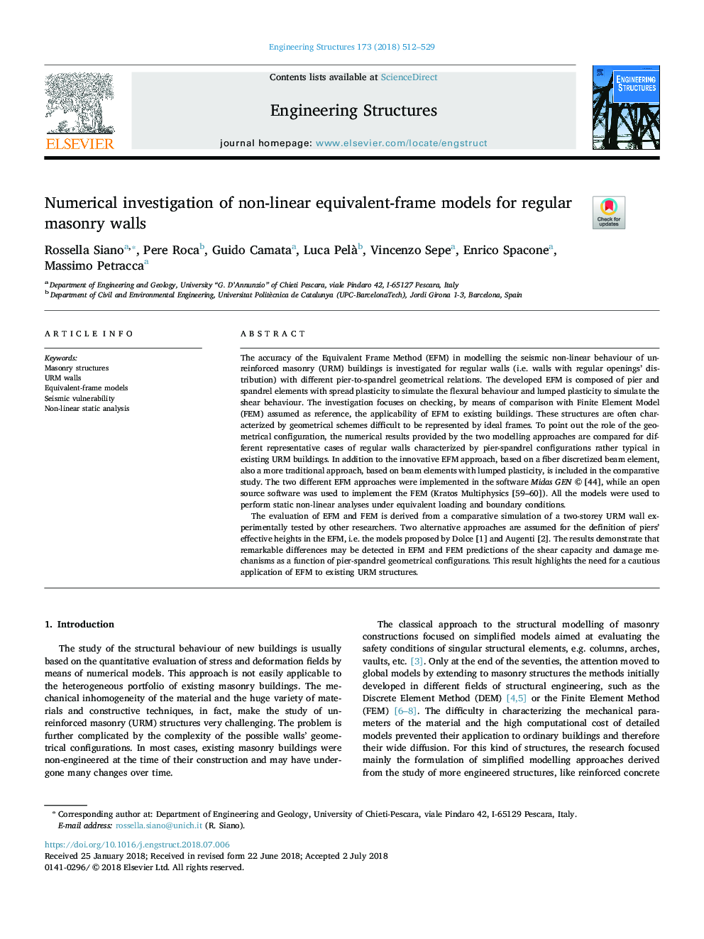 Numerical investigation of non-linear equivalent-frame models for regular masonry walls