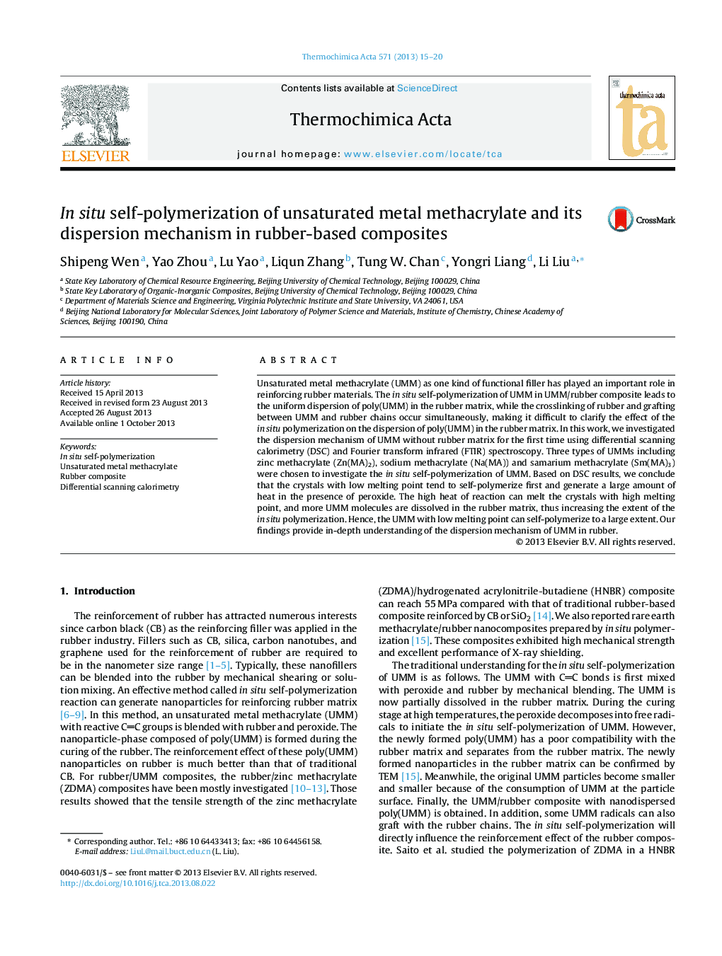 In situ self-polymerization of unsaturated metal methacrylate and its dispersion mechanism in rubber-based composites