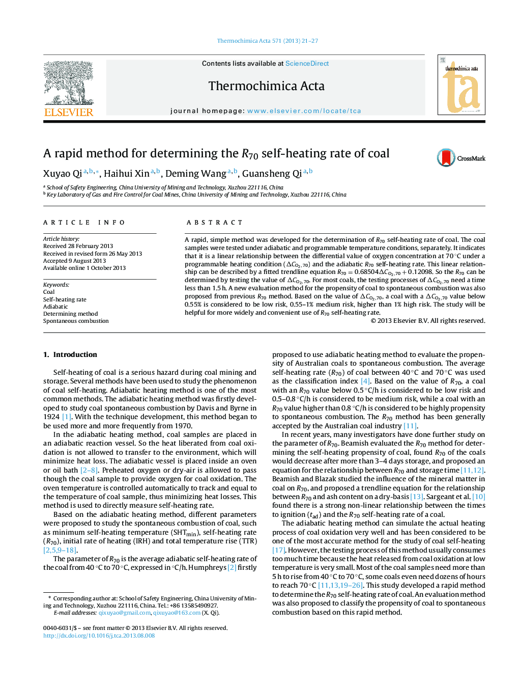 A rapid method for determining the R70 self-heating rate of coal