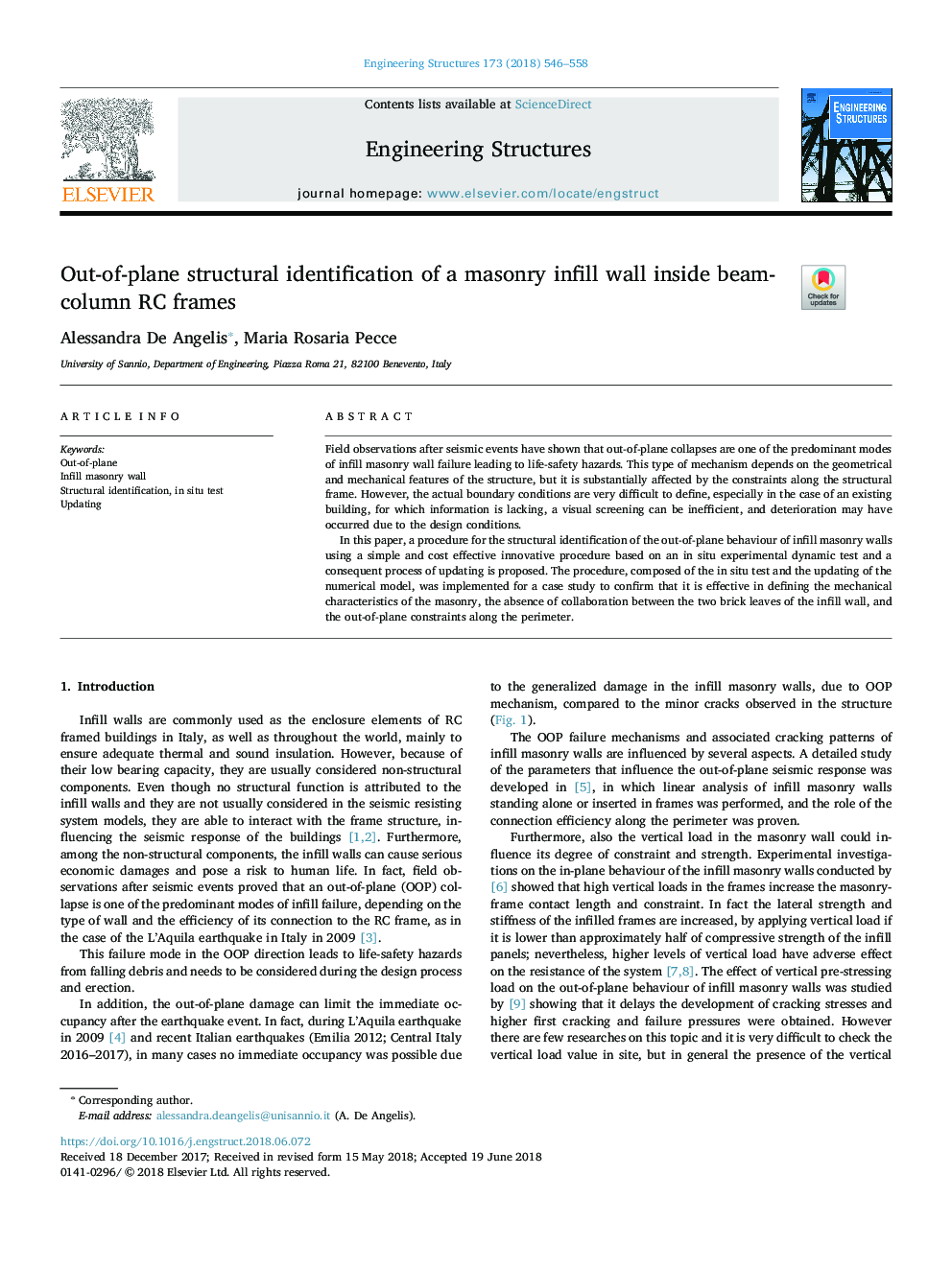 Out-of-plane structural identification of a masonry infill wall inside beam-column RC frames