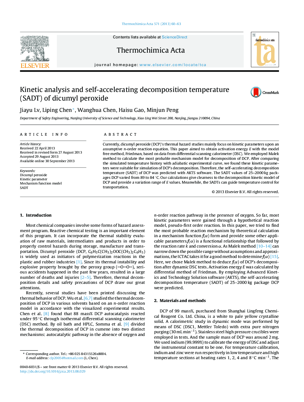 Kinetic analysis and self-accelerating decomposition temperature (SADT) of dicumyl peroxide