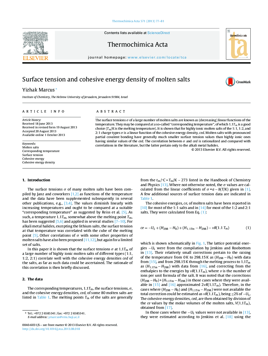 Surface tension and cohesive energy density of molten salts