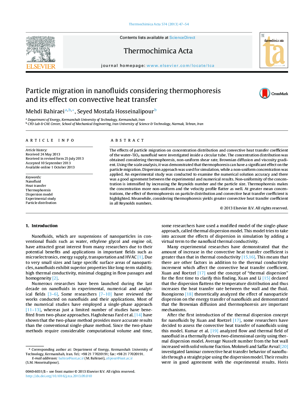 Particle migration in nanofluids considering thermophoresis and its effect on convective heat transfer