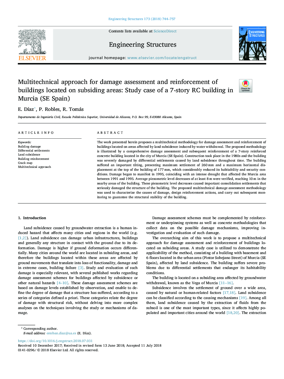 Multitechnical approach for damage assessment and reinforcement of buildings located on subsiding areas: Study case of a 7-story RC building in Murcia (SE Spain)