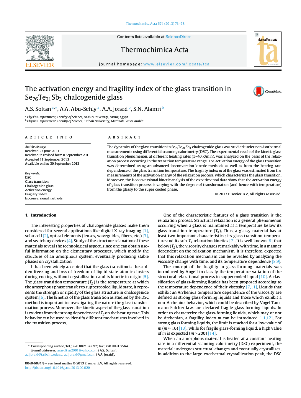 The activation energy and fragility index of the glass transition in Se76Te21Sb3 chalcogenide glass