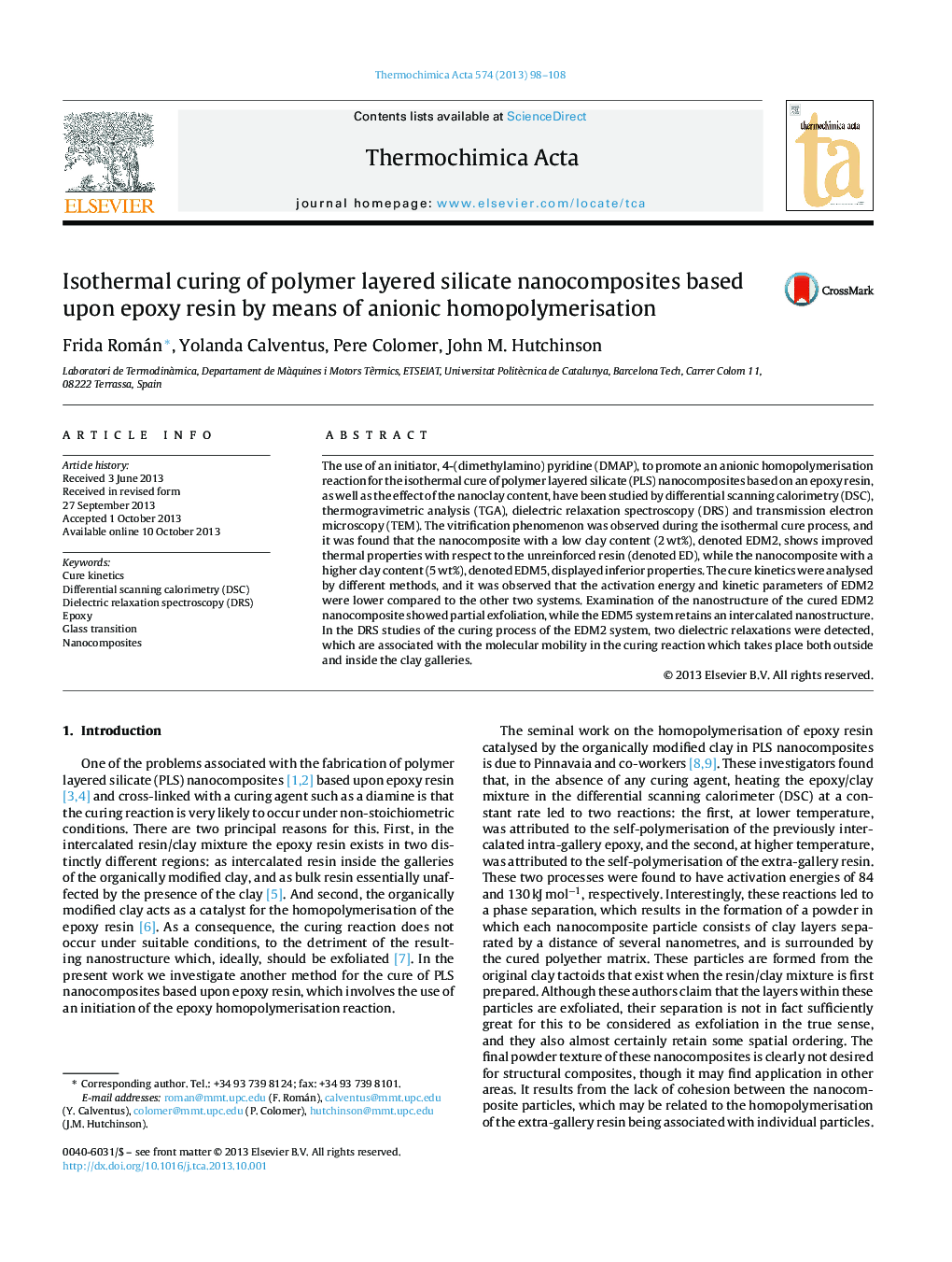 Isothermal curing of polymer layered silicate nanocomposites based upon epoxy resin by means of anionic homopolymerisation