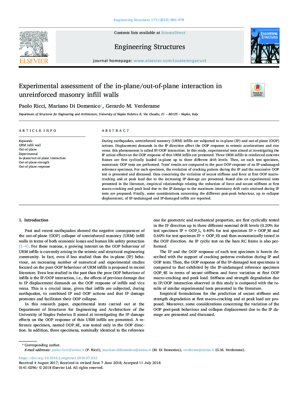 Experimental assessment of the in-plane/out-of-plane interaction in unreinforced masonry infill walls