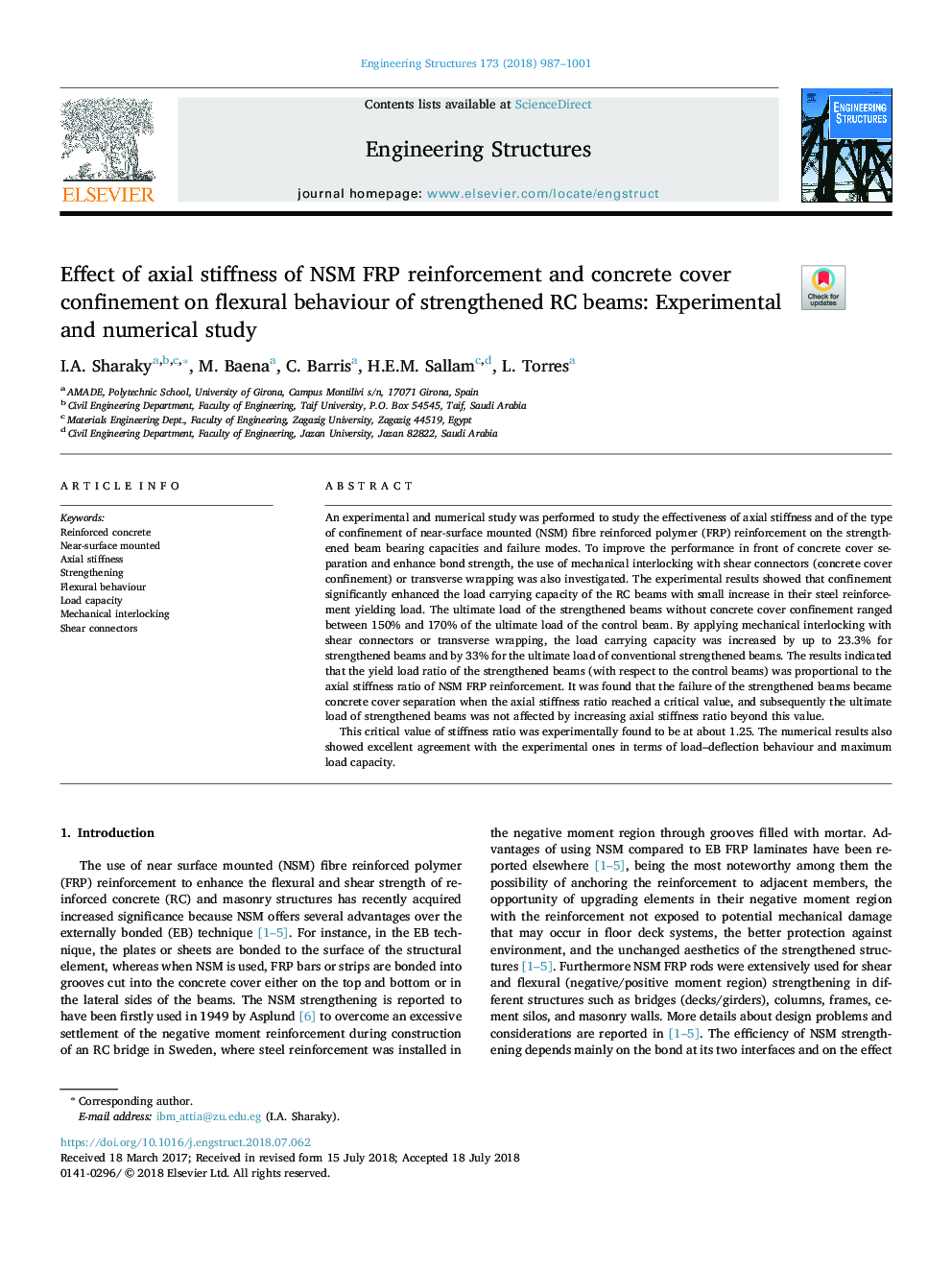 Effect of axial stiffness of NSM FRP reinforcement and concrete cover confinement on flexural behaviour of strengthened RC beams: Experimental and numerical study