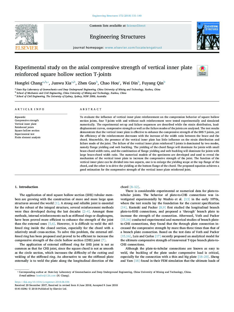 Experimental study on the axial compressive strength of vertical inner plate reinforced square hollow section T-joints