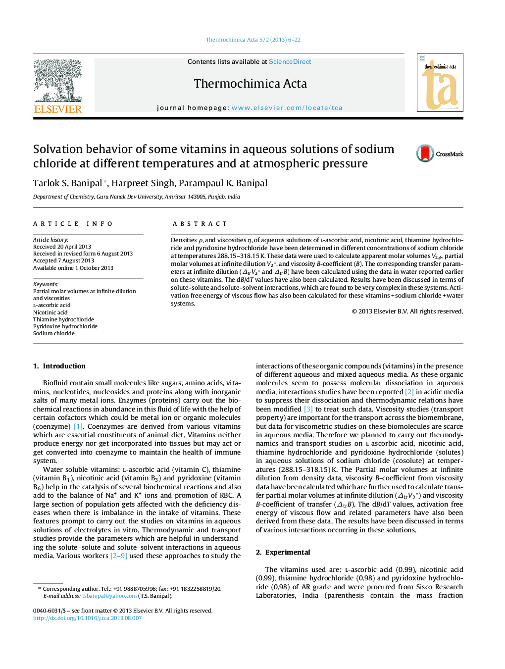 Solvation behavior of some vitamins in aqueous solutions of sodium chloride at different temperatures and at atmospheric pressure