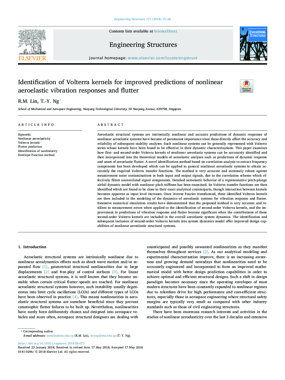 Identification of Volterra kernels for improved predictions of nonlinear aeroelastic vibration responses and flutter