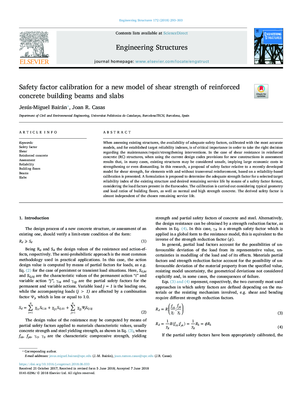 Safety factor calibration for a new model of shear strength of reinforced concrete building beams and slabs