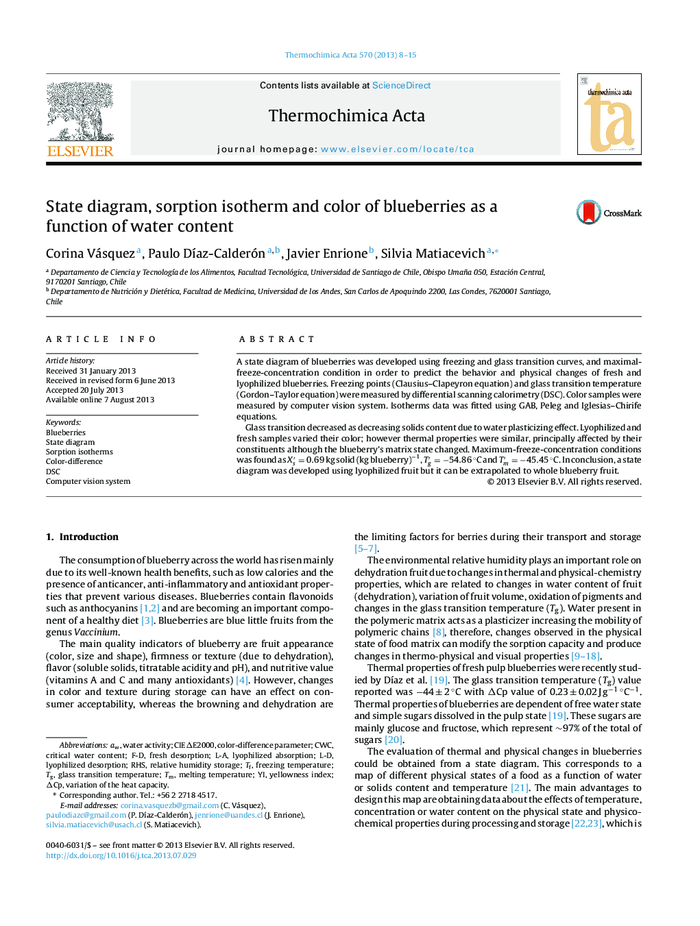 State diagram, sorption isotherm and color of blueberries as a function of water content