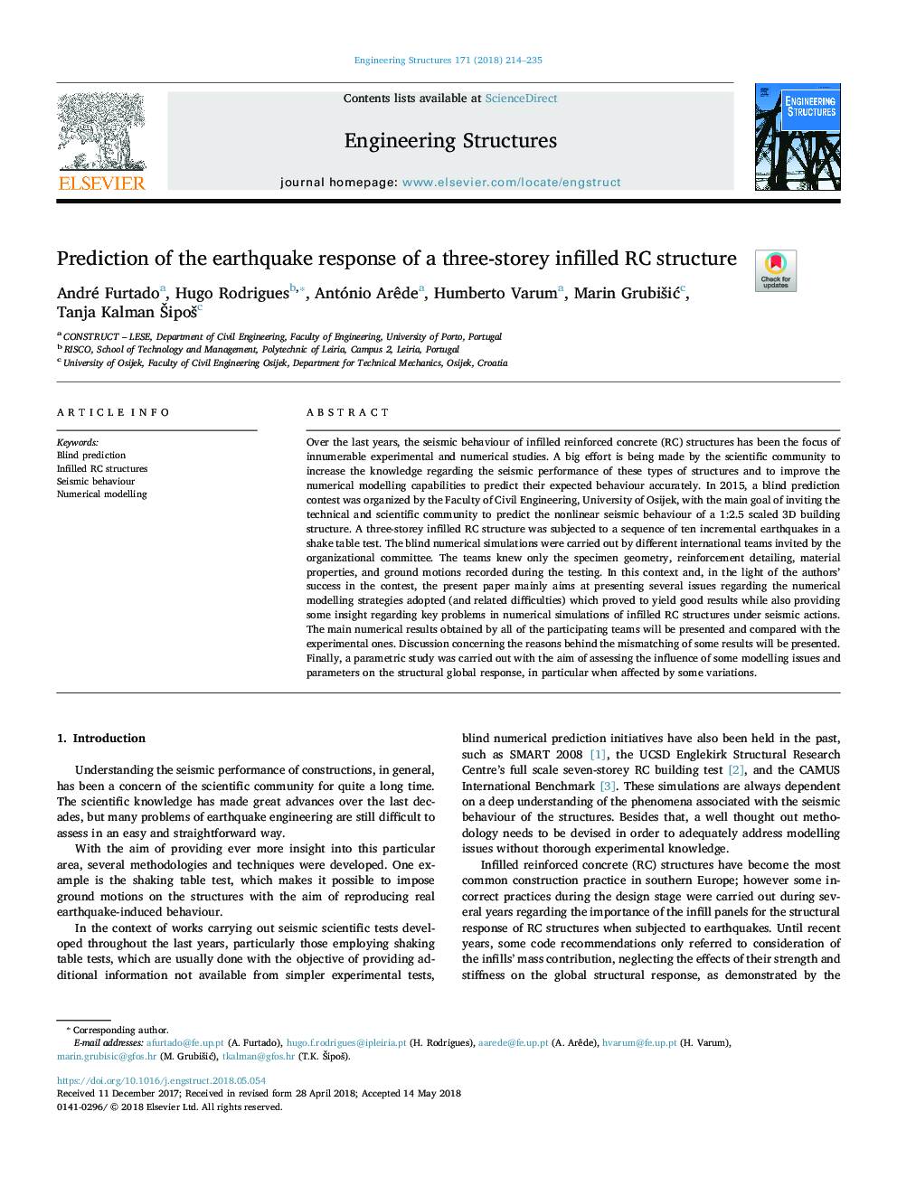 Prediction of the earthquake response of a three-storey infilled RC structure