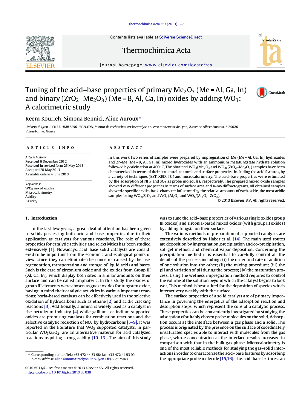 Tuning of the acid-base properties of primary Me2O3 (MeÂ =Â Al, Ga, In) and binary (ZrO2-Me2O3) (MeÂ =Â B, Al, Ga, In) oxides by adding WO3: A calorimetric study