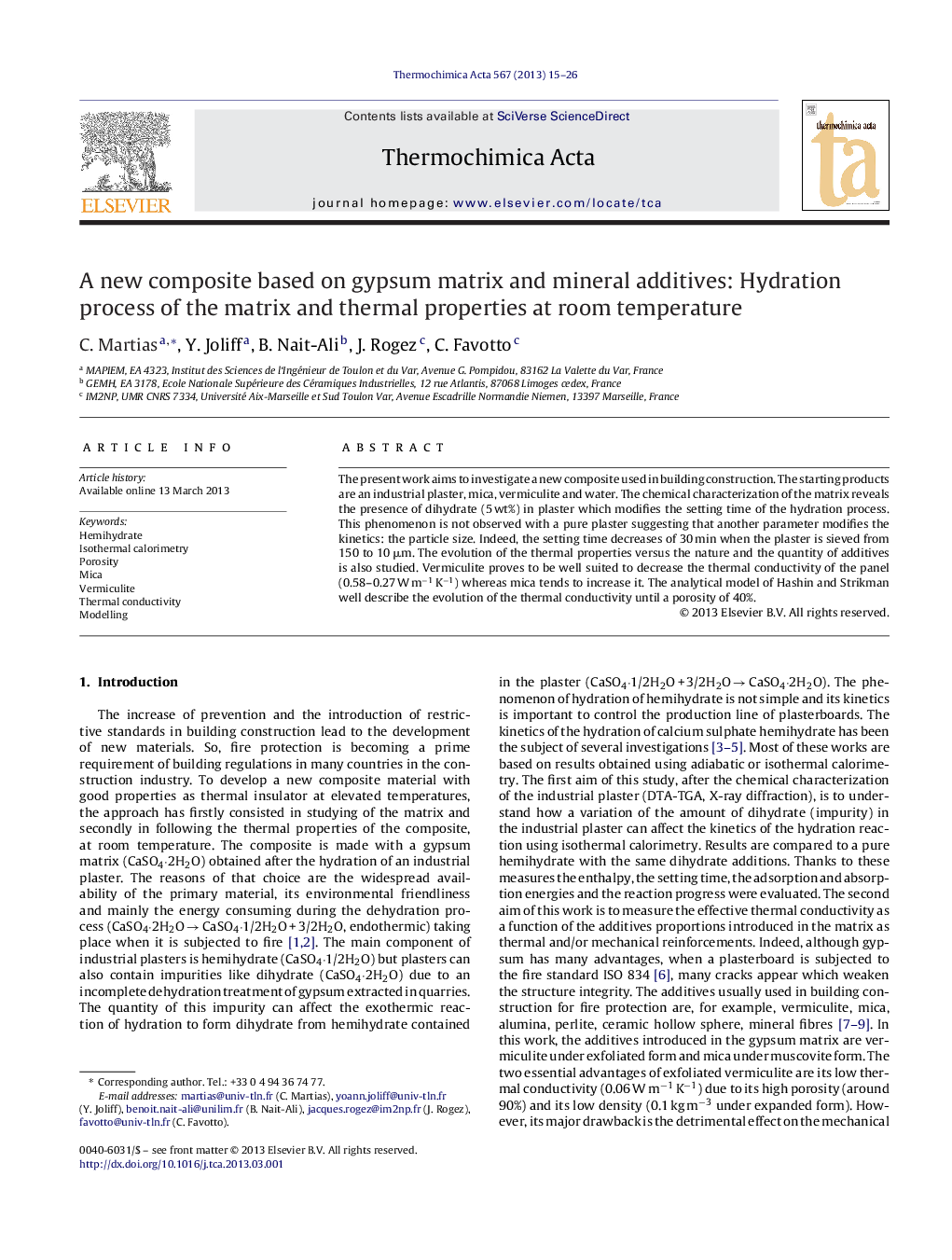 A new composite based on gypsum matrix and mineral additives: Hydration process of the matrix and thermal properties at room temperature