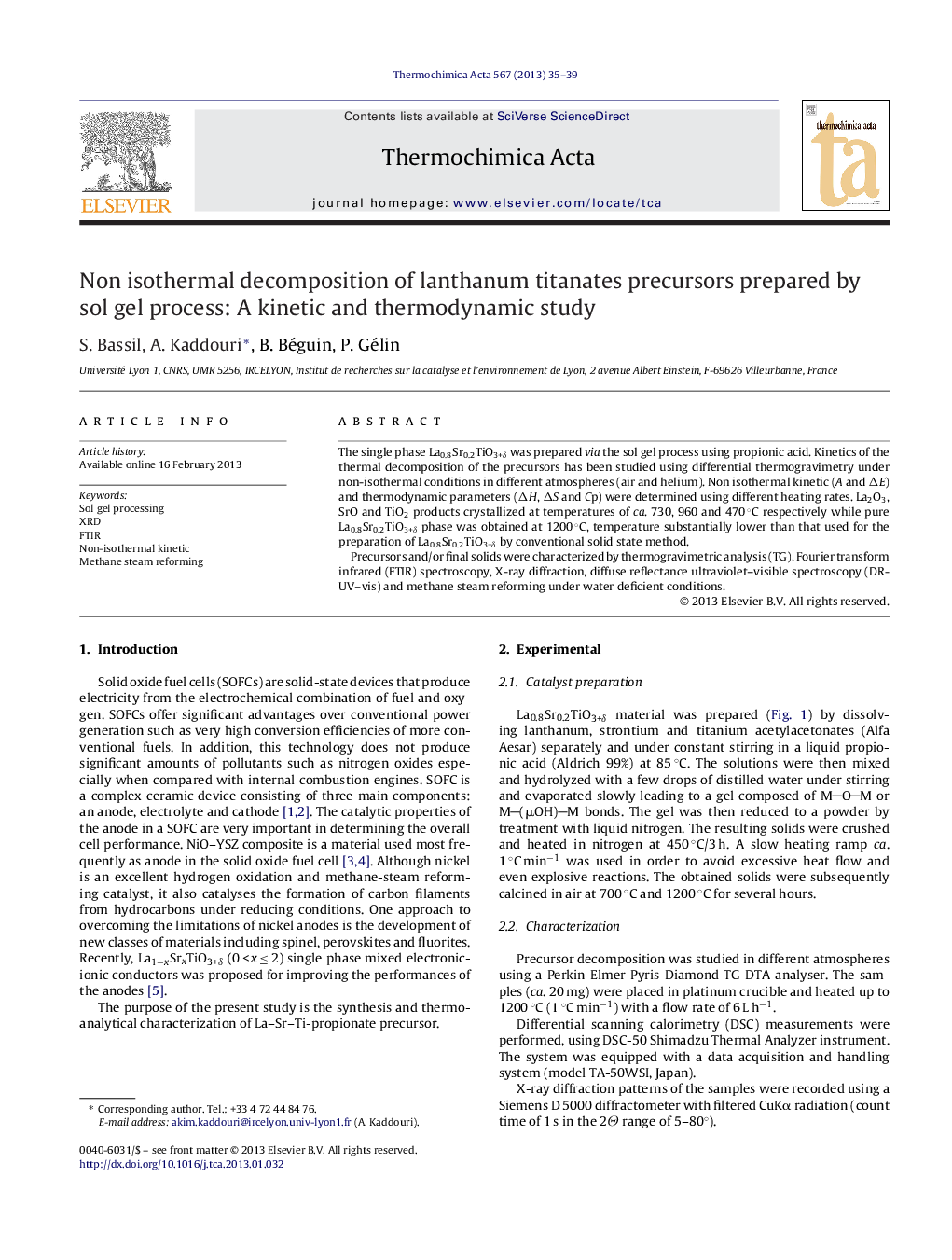 Non isothermal decomposition of lanthanum titanates precursors prepared by sol gel process: A kinetic and thermodynamic study