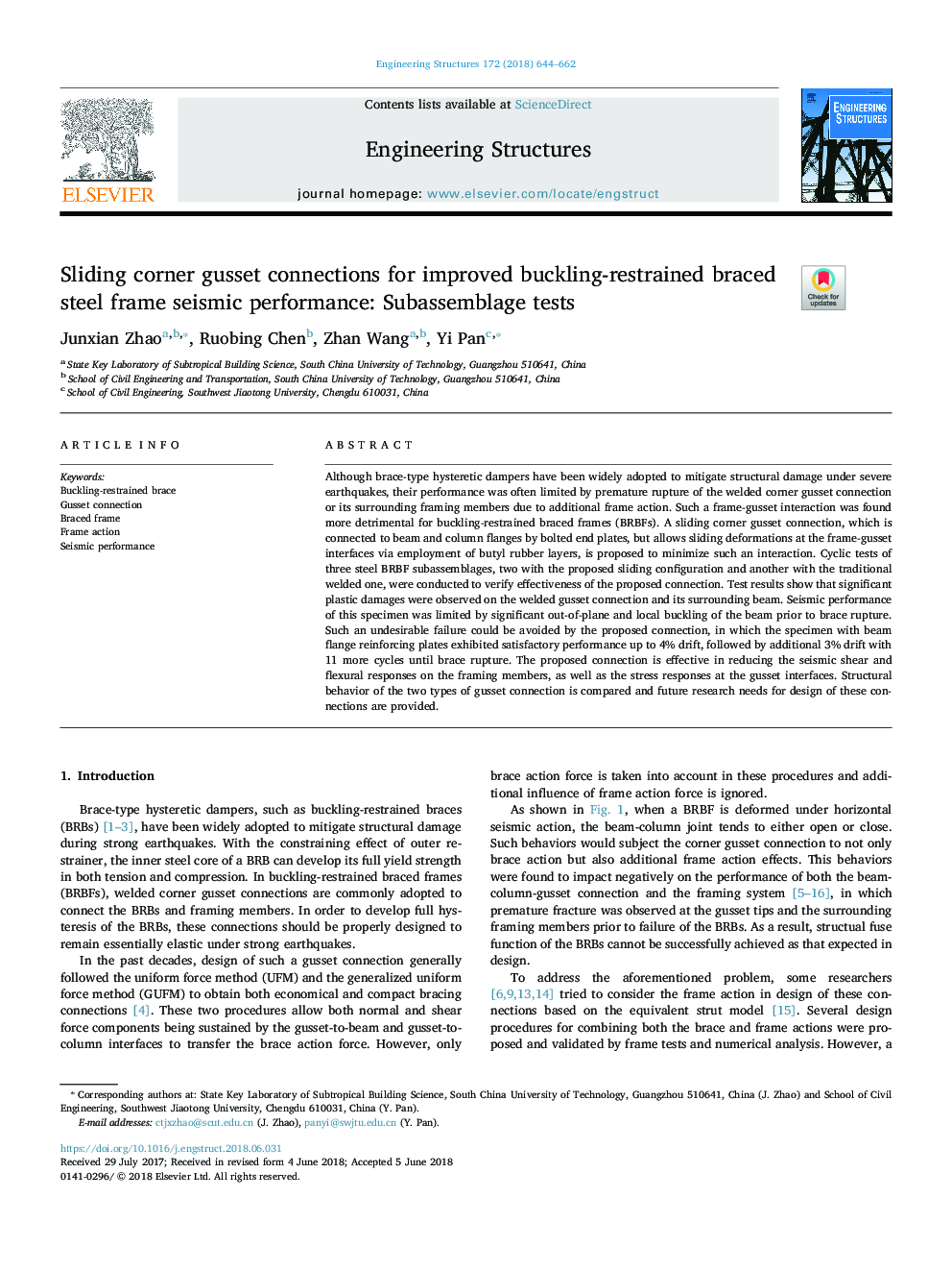 Sliding corner gusset connections for improved buckling-restrained braced steel frame seismic performance: Subassemblage tests