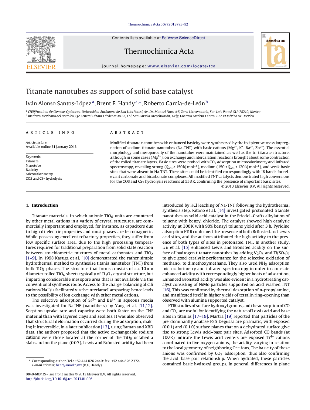 عکس صفحه اول مقاله: Titanate nanotubes as support of solid base catalyst Titanate nanotubes as support of solid base catalyst
