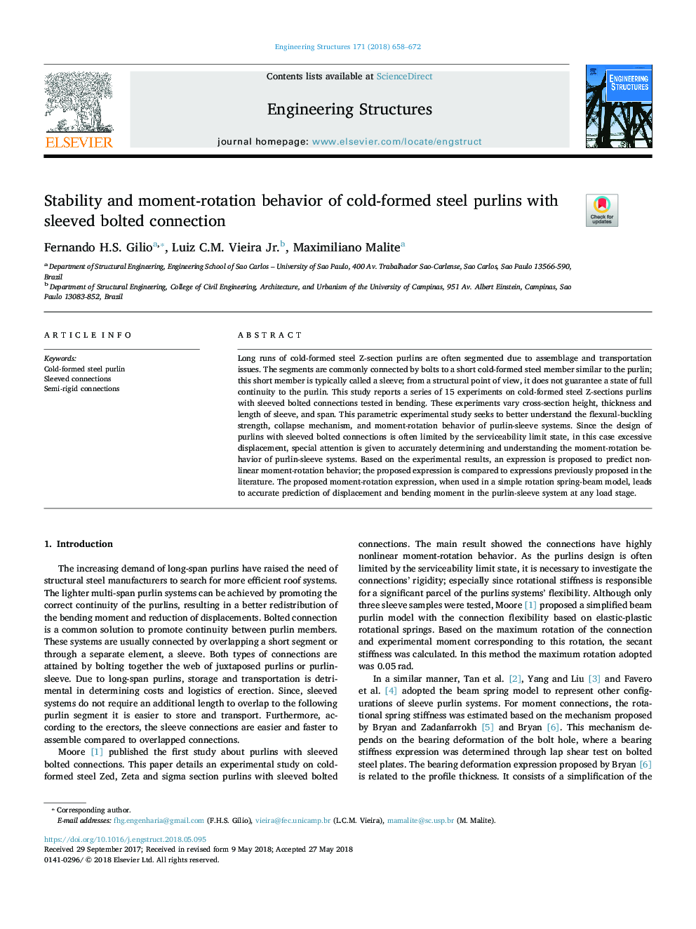 Stability and moment-rotation behavior of cold-formed steel purlins with sleeved bolted connection