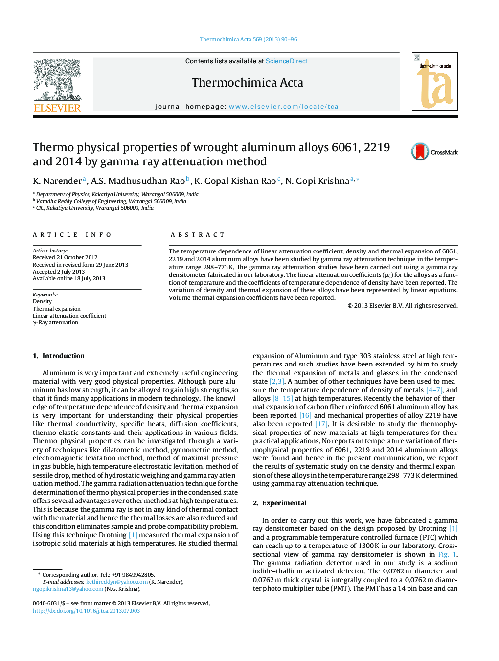 Thermo physical properties of wrought aluminum alloys 6061, 2219 and 2014 by gamma ray attenuation method