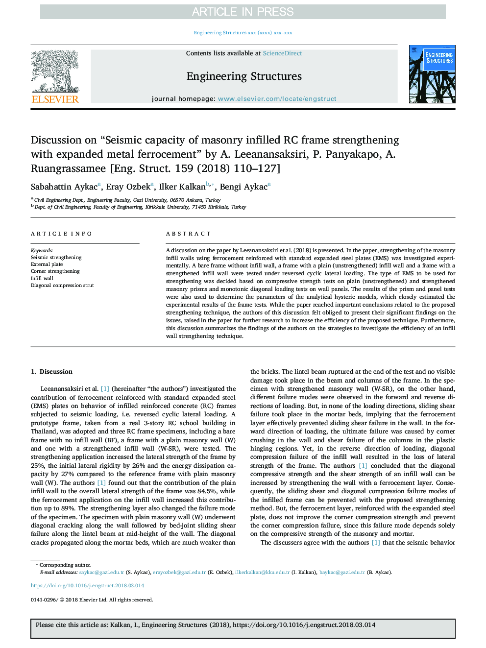 Discussion on “Seismic capacity of masonry infilled RC frame strengthening with expanded metal ferrocement” by A. Leeanansaksiri, P. Panyakapo, A. Ruangrassamee [Eng. Struct. 159 (2018) 110-127]