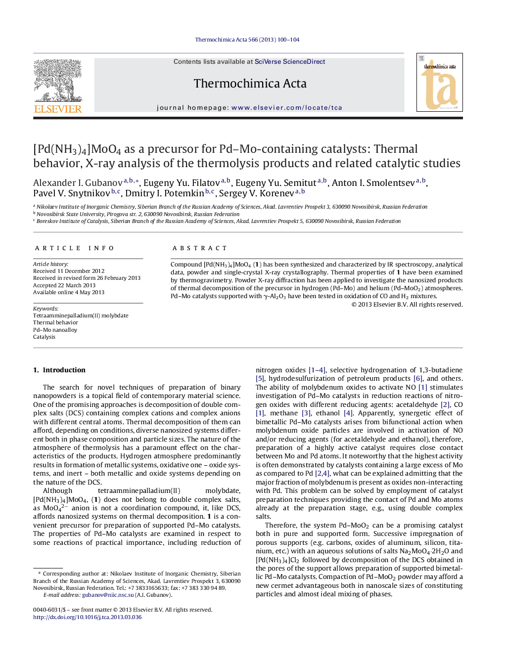 [Pd(NH3)4]MoO4 as a precursor for Pd–Mo-containing catalysts: Thermal behavior, X-ray analysis of the thermolysis products and related catalytic studies