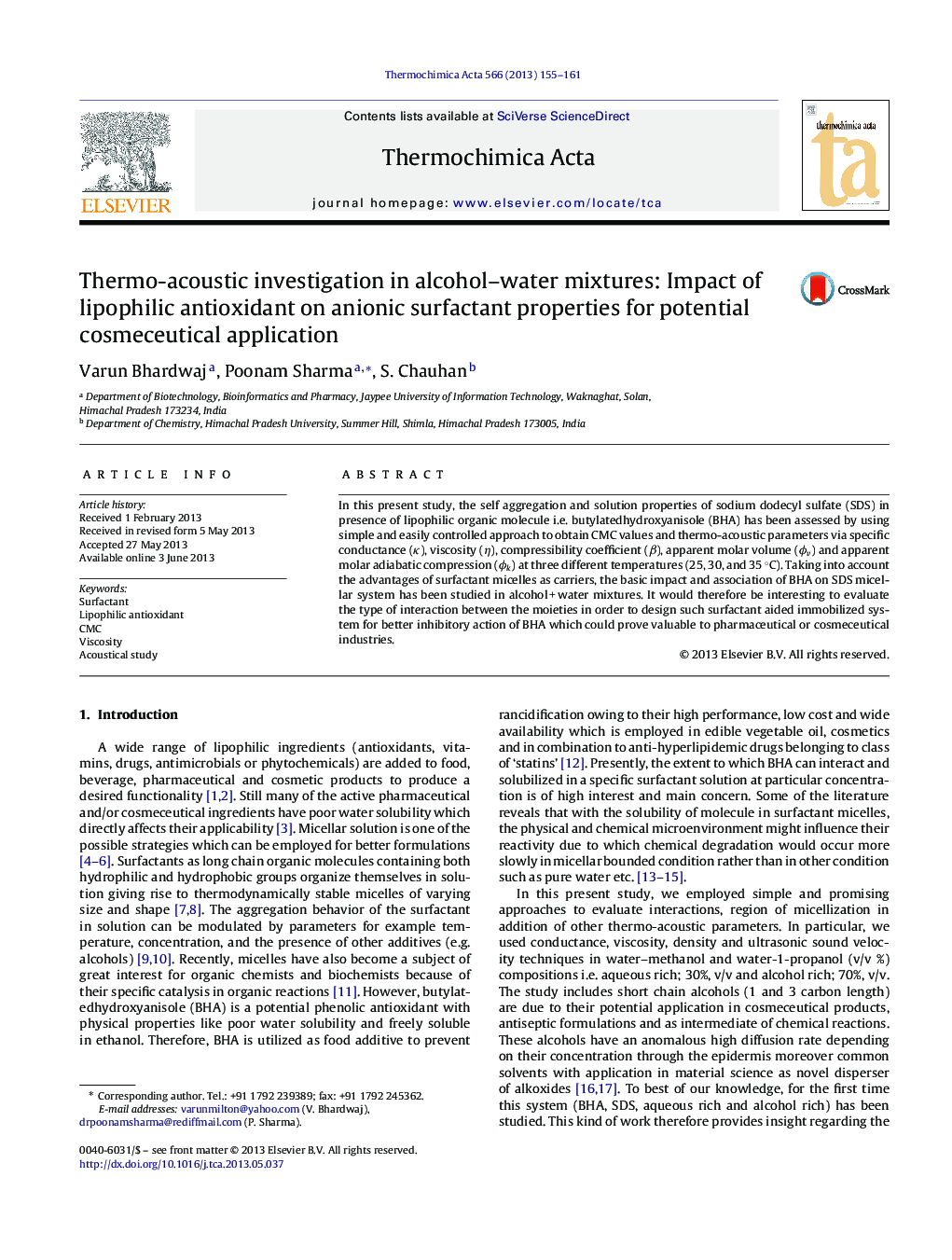 Thermo-acoustic investigation in alcohol–water mixtures: Impact of lipophilic antioxidant on anionic surfactant properties for potential cosmeceutical application