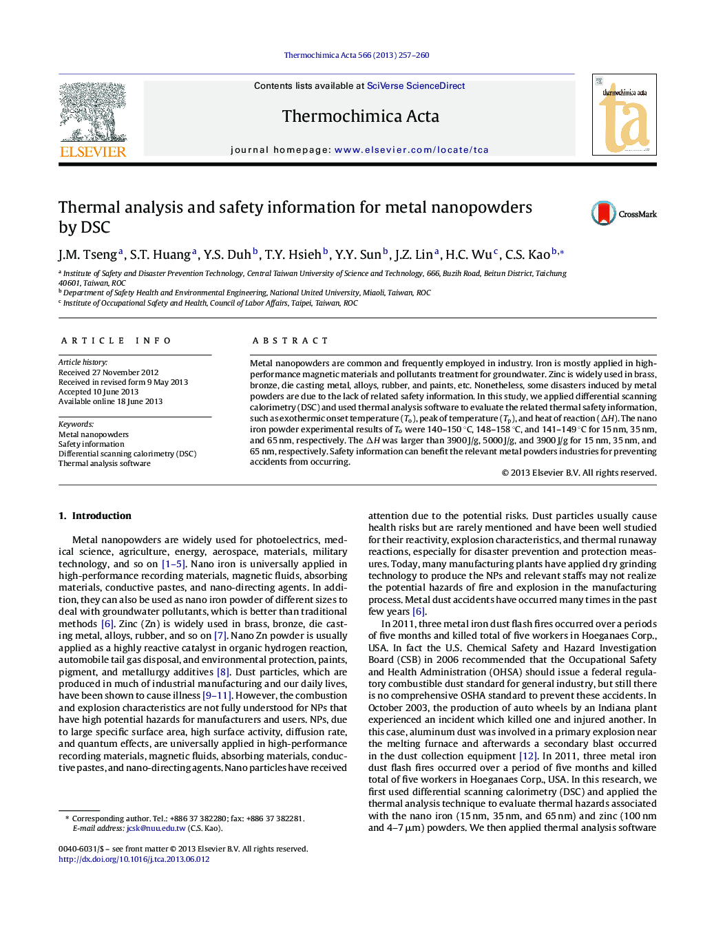 Thermal analysis and safety information for metal nanopowders by DSC