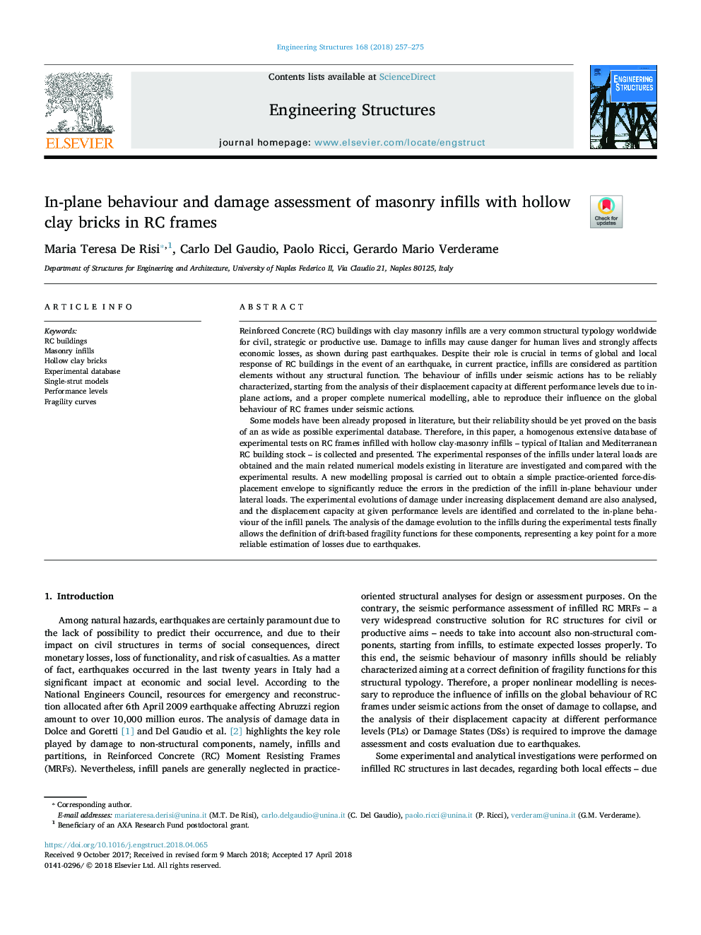 In-plane behaviour and damage assessment of masonry infills with hollow clay bricks in RC frames