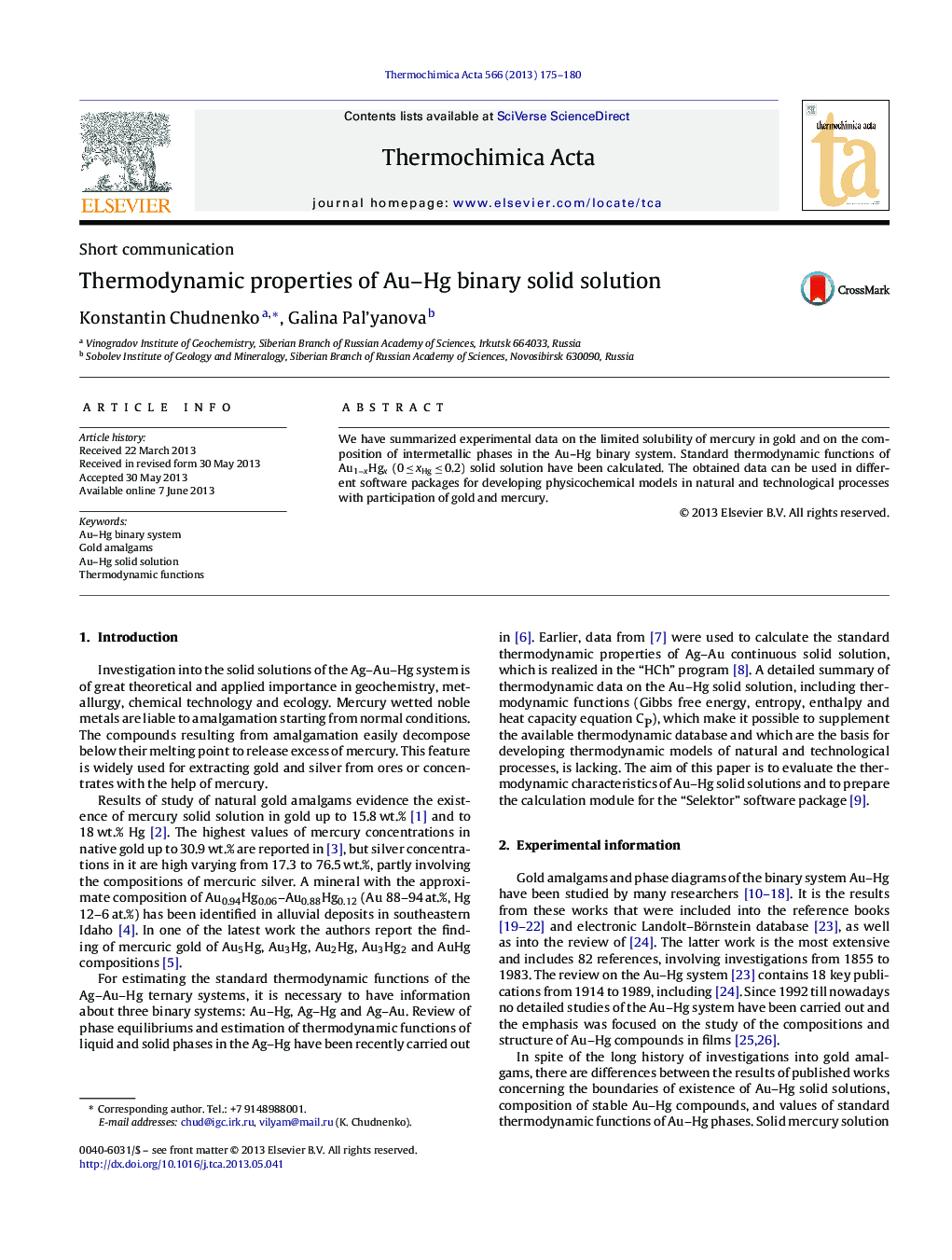 عکس صفحه اول مقاله: Thermodynamic properties of Au-Hg binary solid solution Thermodynamic properties of Au-Hg binary solid solution